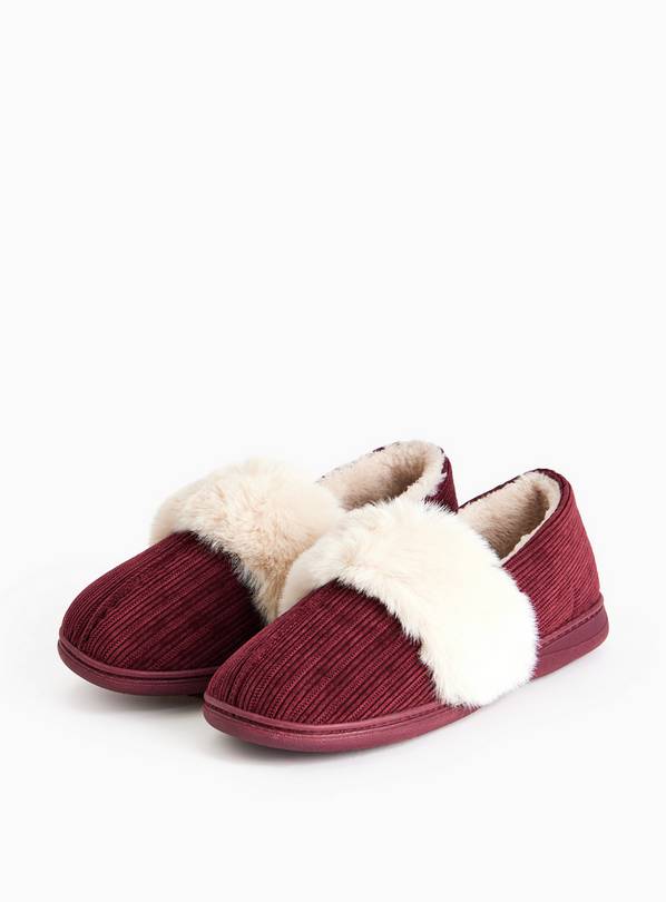 Burgundy Corduroy Faux Fur Trim Slippers 3
